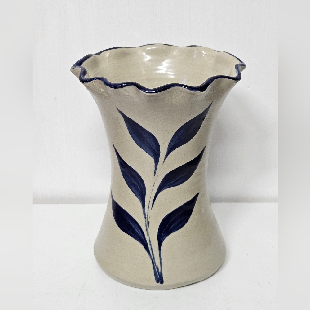 Williamsburg Pottery Ruffled rim cobalt blue and salt glaze vase